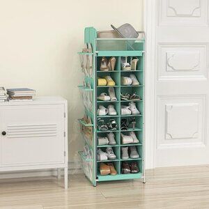 8 Tier Shoe Stand Tower Rack with 16 Cubes, Top Shelf and Side Hanging Pockets